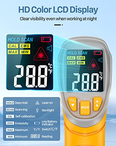 Eventek Dijital Kızılötesi Termometre, -58℉～1112℉(-50℃～600℃) Temassız Lazer ısı tabancası ile renkli Ekran ve ayarlanabilir Emisivite