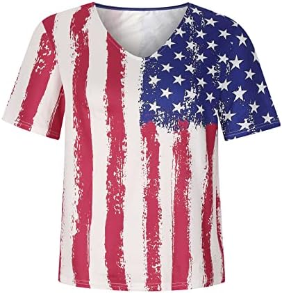 Bayan Bluz Renk Bloğu Amerikan Bayrağı Gevşek Fit Büyük Boy Bluzlar Tees Kısa Kollu V Boyun Spandex Brunch Bluz