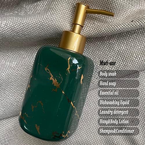 10 Oz Kare Sabunluk Banyo için Siyah Sabunluk Altın Pompalı Seramik Sıvı Sabunluk Premium Mutfak Sabunluk (Yeşil Mermer)