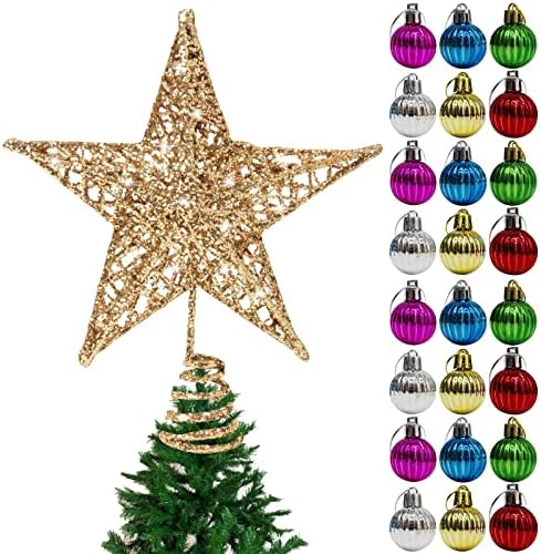 wexpw Simli Yıldız Noel Ağacı Topper, 24 adet Mini Noel Asılı Topları Süsler ile 6 İnç Metal Tel Altın Yıldız Treetop, noel Glitter