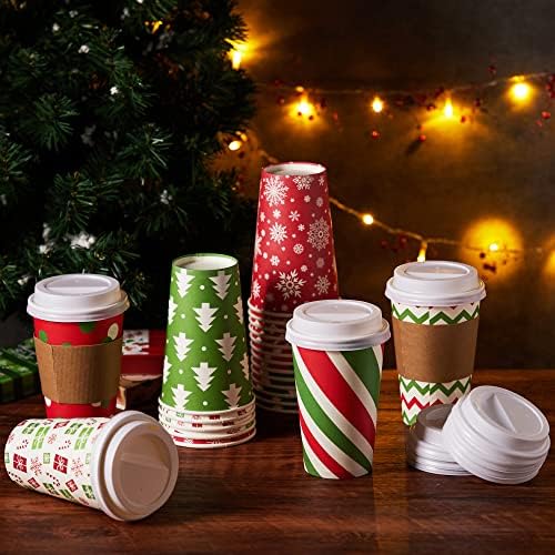 JOYIN 24 Adet 16 oz Noel Tek Kullanımlık Bardak Kapaklı ve Kahve Fincanı Kollu Noel Tatil Masa Süslemeleri, sıcak Çikolata Soğuk İçecek