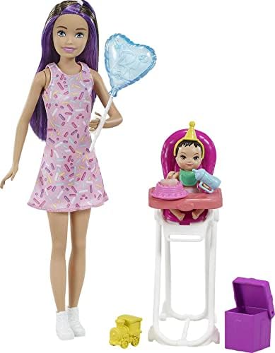 Barbie Skipper Babysitter Inc Oyun Seti, Skipper Doll ile Doğum Günü Besleme Seti, Renk Değiştiren Oyuncak Bebek, Mama Sandalyesi ve