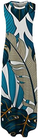 Kadın Uzun Sundress Casual Batik Maxi Elbise Yuvarlak Boyun Bölünmüş Plaj Elbise Kolsuz Hawaii Mezuniyet Elbise Cepler ile