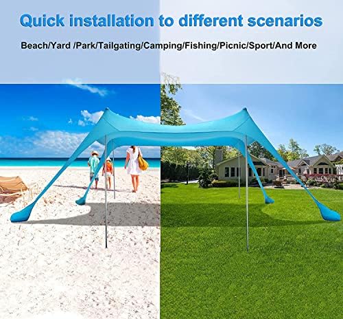 AMMSUN Plaj Çadırı Taşınabilir Güneş Barınağı, 8X 8ft Plaj Gölgelik Kolay Kurulum, UPF50+ Korumalı Likralı Güneş Barınağı Plajda Aile