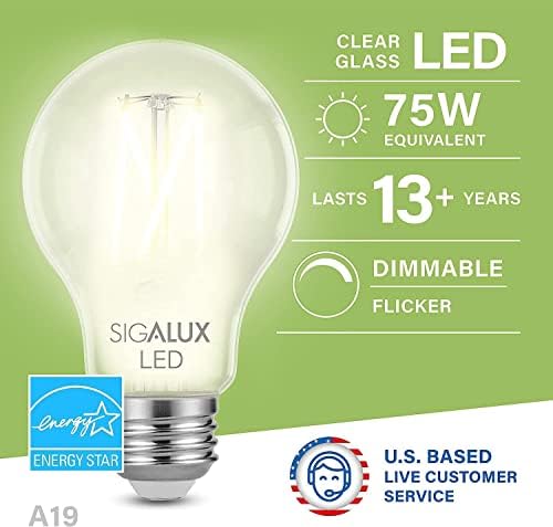 Sigalux E26 LED Ampul 75 Watt Dim Edison A19 Temizle Ampuller, Energy Star Sertifikalı Vintage LED Filament Ampuller Yumuşak Beyaz