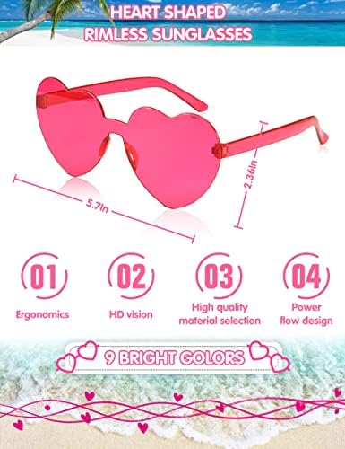Kalp Gözlükleri 9 Adet, Çerçevesiz Kalp Şeklinde Güneş Gözlüğü, Şeker Renkli Kalp Şeklinde Gözlük, Parti Güneş Gözlüğü Kadınlar için