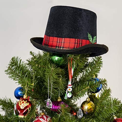 Süslü Kardan Adam Şapka Ağacı Topper-Kar Adam silindir şapka Noel Ağacı Üst Süslemeleri ile Ekose Kırmızı Kurdele ve Ökseotu Holly
