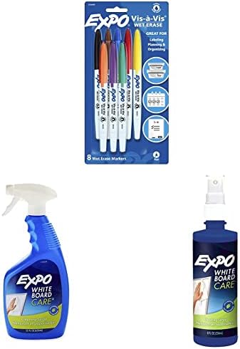 EXPO Vis-a-Vis Islak Silme İşaretleyicileri, İnce Nokta, Çeşitli Renkler, 8 Adet Kuru Silme Beyaz Tahta Temizleme Spreyi, 22 oz Kuru