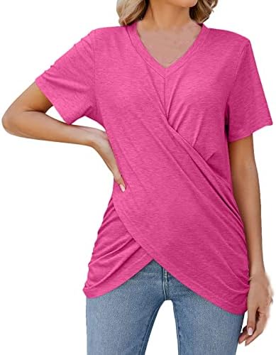 QCEMEN Yaz kadın T-Shirt Dantelli Criss Wrap Tops V Boyun Kısa Kollu Gömlek 2023 Moda Rahat Katı Slim Fit Tee Bluz
