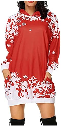Kadınlar Noel Hoodies Elbise kapüşonlu eşofman üstü Elbiseler Baskı Büyük Boy Hoodie Uzun Tunik Kazak Tops Cepler ile