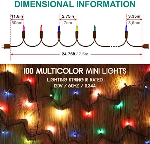 100 Noel Mini ışıklar - 24.8 ft / 7.5 m - 120V - Kahverengi tel - Çok renkli ampuller - 120V-Uçtan uca bağlantı - İç ve dış mekan kullanımı-Noel